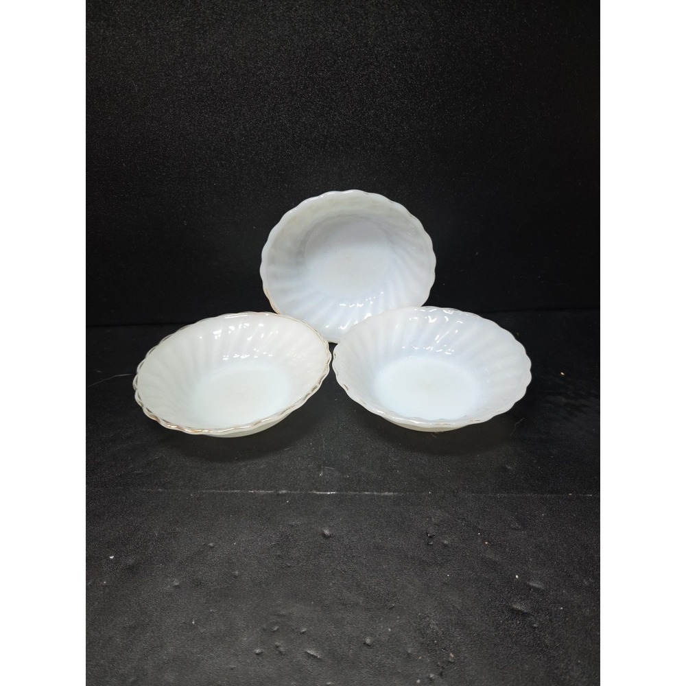Anchor Hocking Milk Glass Berry Bowls, White Golden Shell Design, Set of 3 Bowls